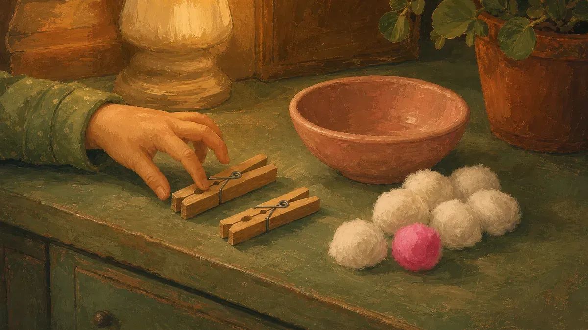 Clothespins, cotton balls, and a small bowl set up on a kitchen counter for a quick activity
