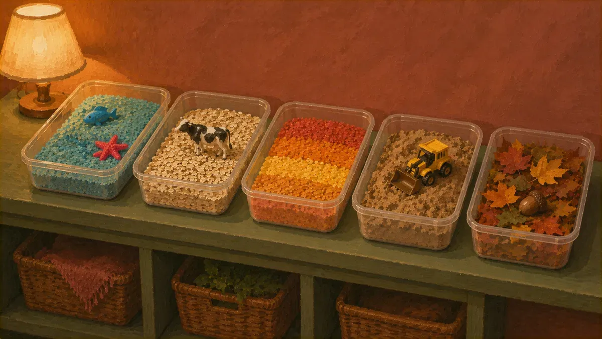Collage of five themed sensory bins: ocean, farm, rainbow rice, construction, and autumn leaves