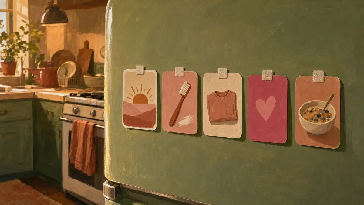 Colorful laminated visual schedule picture cards arranged on a refrigerator door showing morning routine images including wake up, brush teeth, get dressed, and eat breakfast.