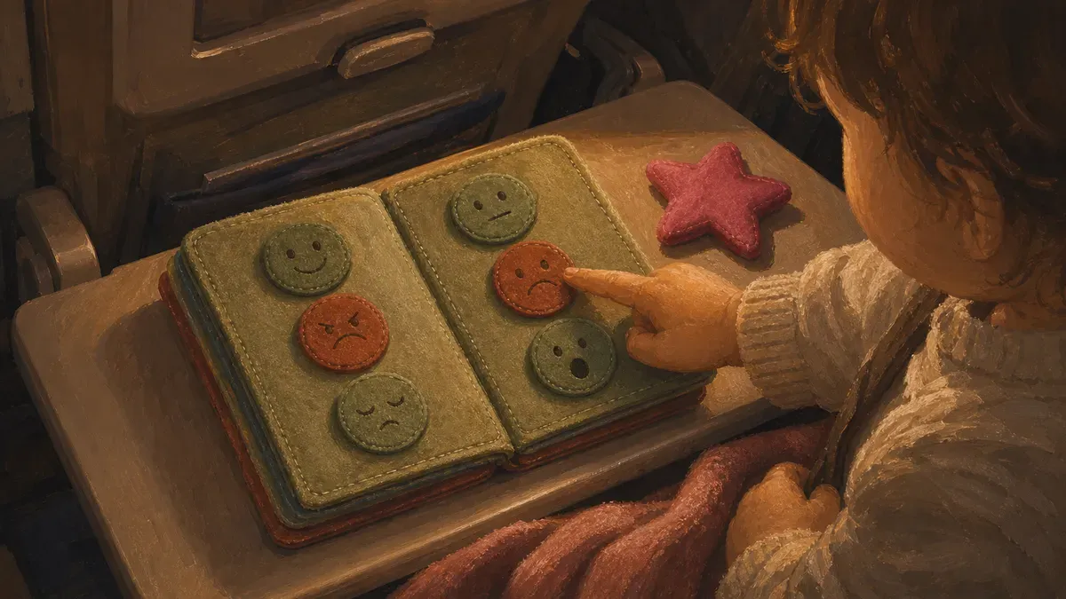 Compact travel busy book with emotion-faces page open on an airplane tray table