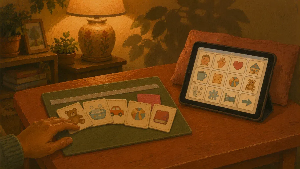 Comparison layout showing paper communication cards beside a tablet AAC app