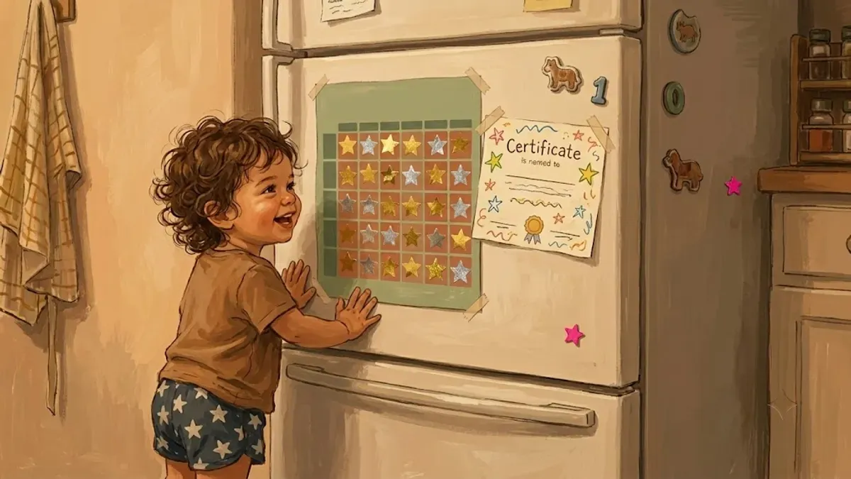 Completed potty training chart full of stickers with a small certificate beside it