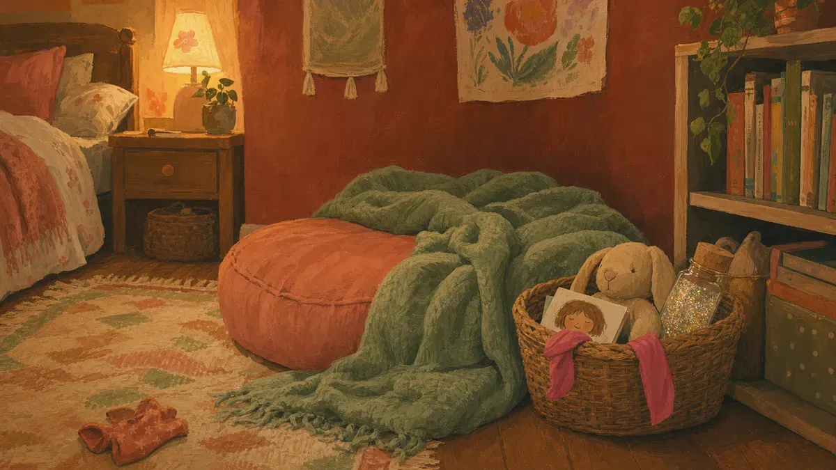 Cozy calm corner with floor cushion, soft blanket, and a basket of sensory tools in a child's bedroom