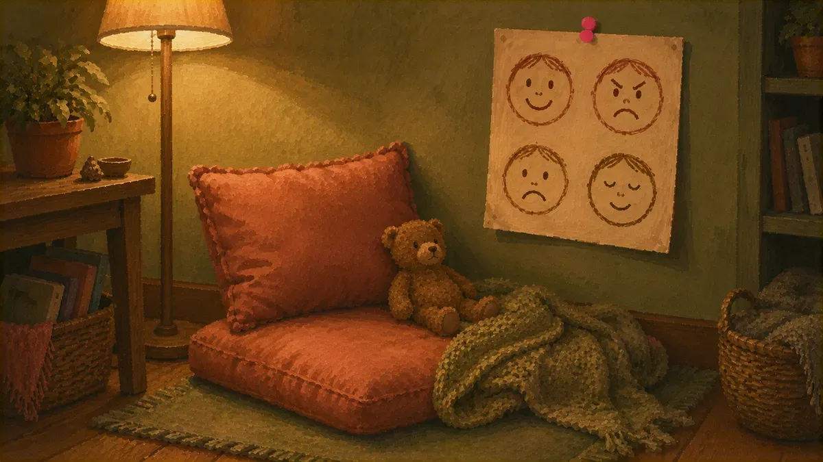 Cozy calm down corner in a home living room with cushions and a feelings chart