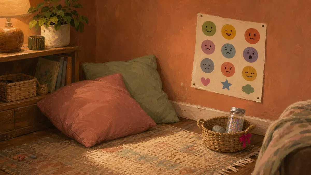 Cozy calming center nook with soft pillows, a feelings poster, and a basket of sensory tools