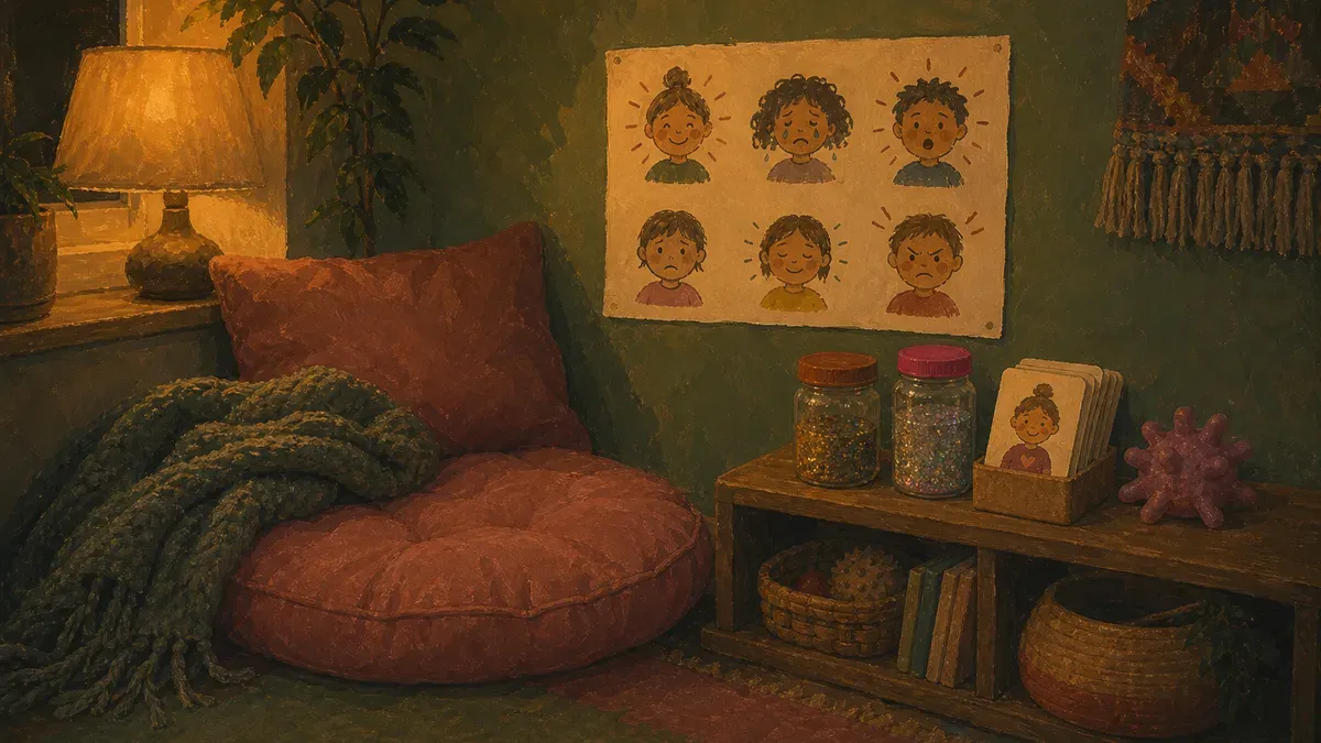 Cozy home calm-down corner with cushions, sensory jars, and a feelings poster