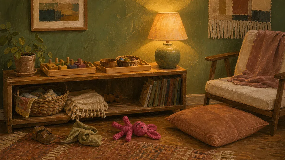 A cozy home corner with two Montessori trays on a low shelf next to everyday family clutter