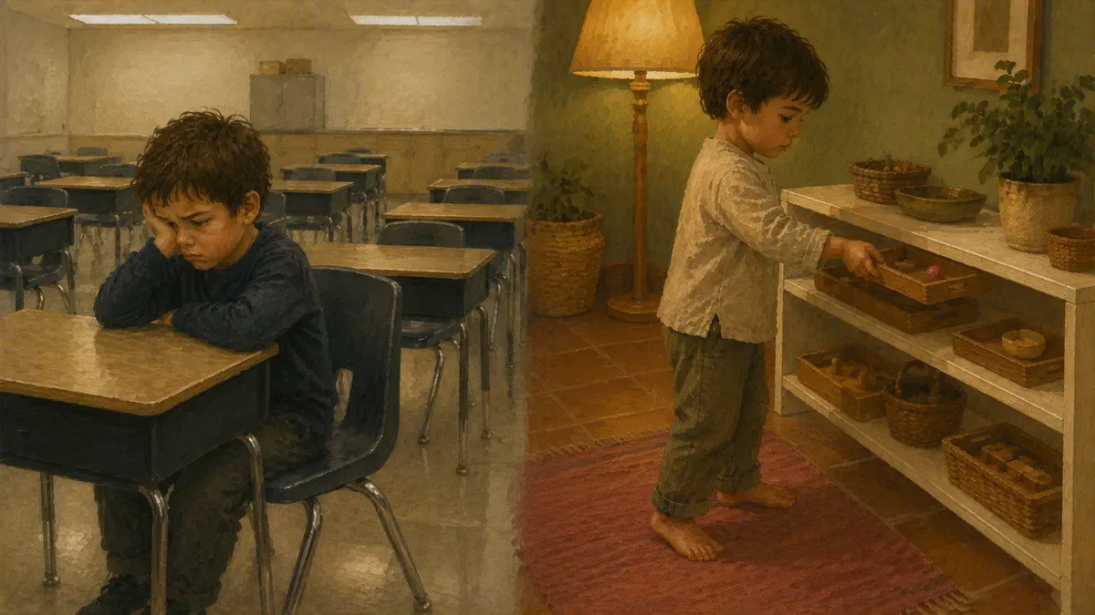 Crowded traditional classroom with rows of desks contrasting a calm learning space
