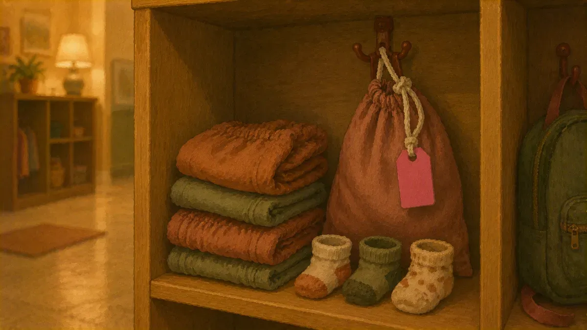 Cubby stocked with spare underwear, pants, and a wet bag for daycare accidents