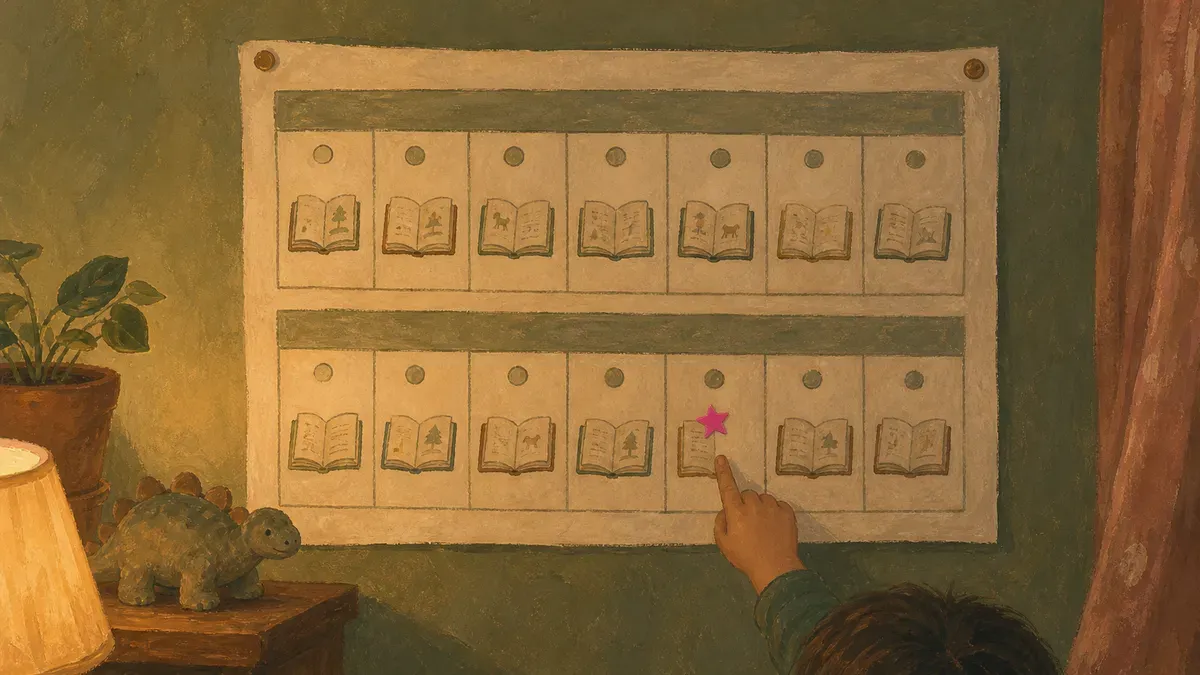 Daily reading-routine calendar showing a social story read at the same time each day for two weeks