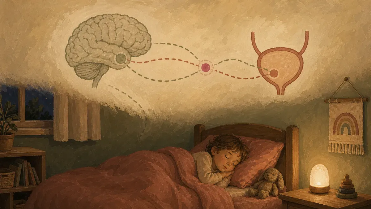 Diagram-style illustration of brain and bladder communicating during sleep