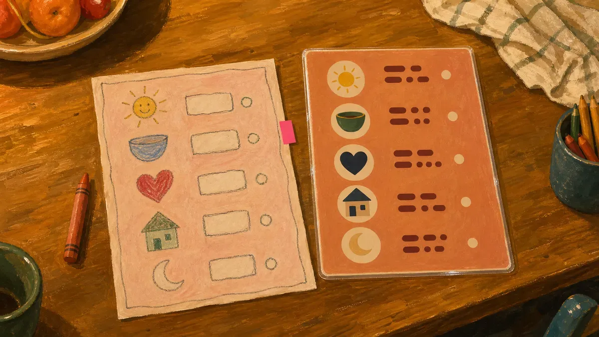 DIY hand-drawn calm corner poster next to a polished printable emotions poster for comparison