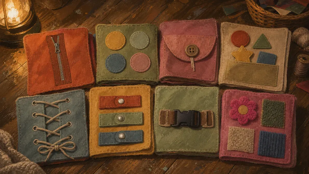 Eight open busy book pages showing zipping, button-feeding, color matching, and shape sorting activities