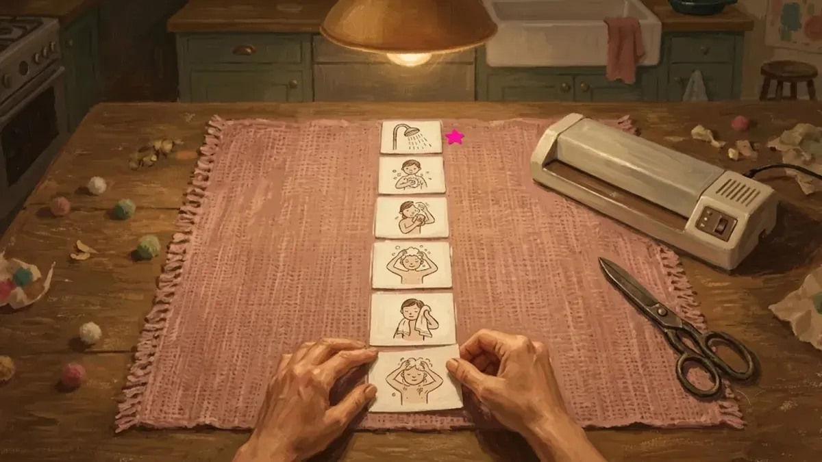 Eight printable shower step cards laid out in order from undress to towel dry