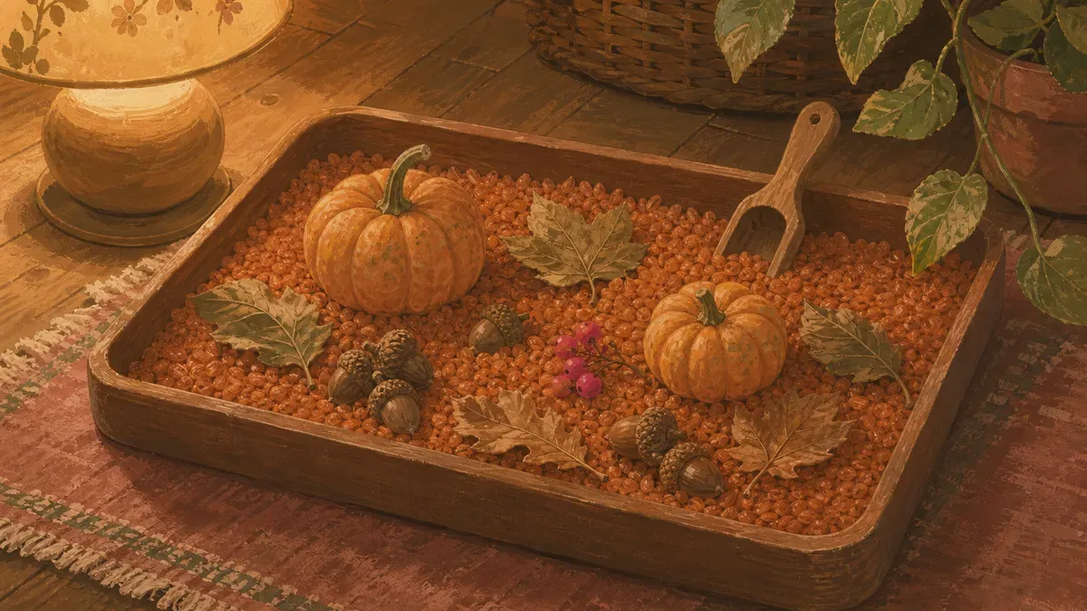 Fall sensory bin with dyed orange rice, mini pumpkins, acorns and scooping tools