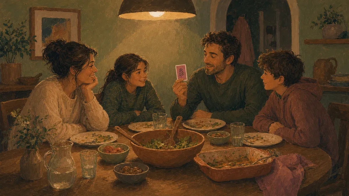 Family of four sharing a meal and answering a conversation card together