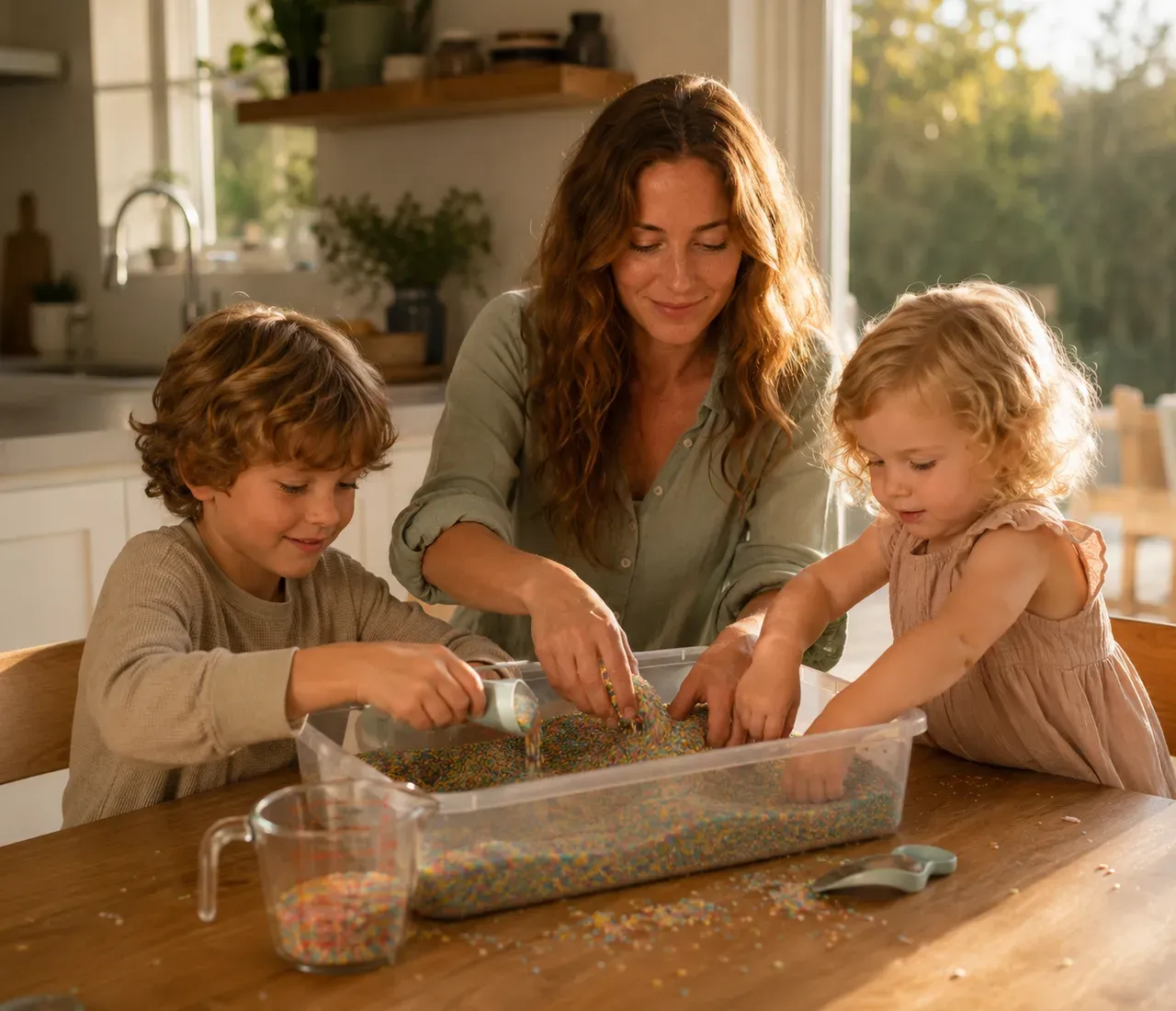 Nora at her kitchen table with Eli and June, all three with their hands in a bin of dyed rainbow rice in warm afternoon light