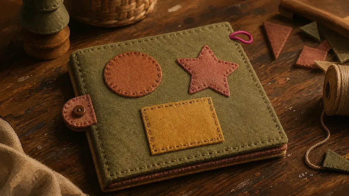 Finished beginner felt quiet book page showing felt shapes appliqued onto a colored background