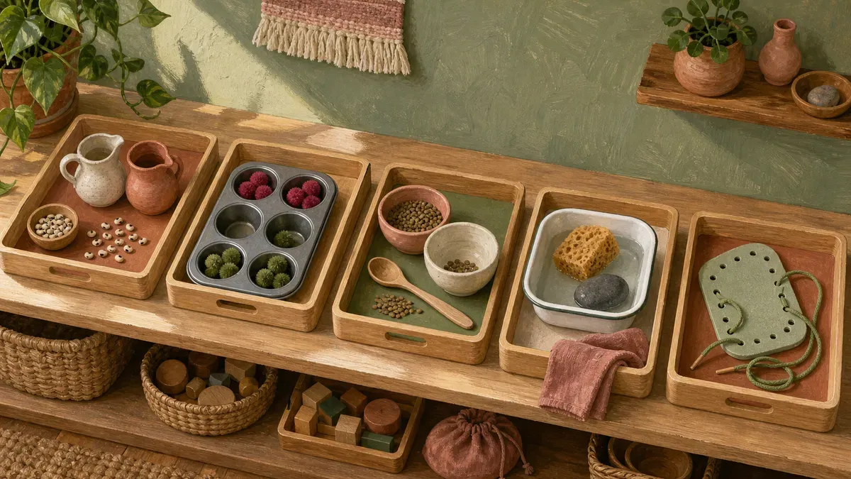 Five beginner Montessori trays arranged on a shelf, ready for the week