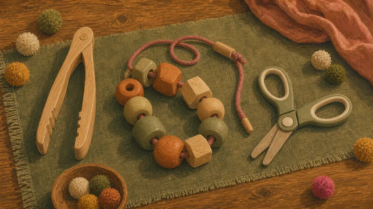 Flat-lay of age-grouped fine motor tools: chunky tongs, lacing beads, and child-safe scissors
