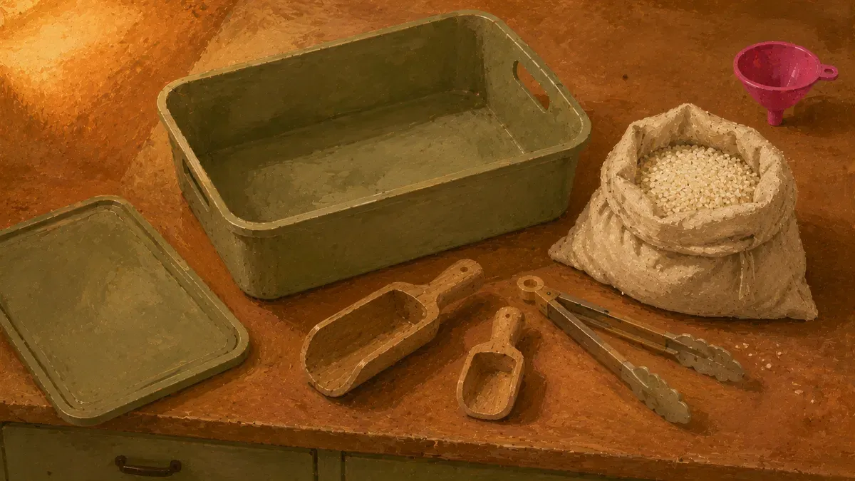 Flat lay of an empty bin, a bag of rice, scoops and tongs ready to assemble