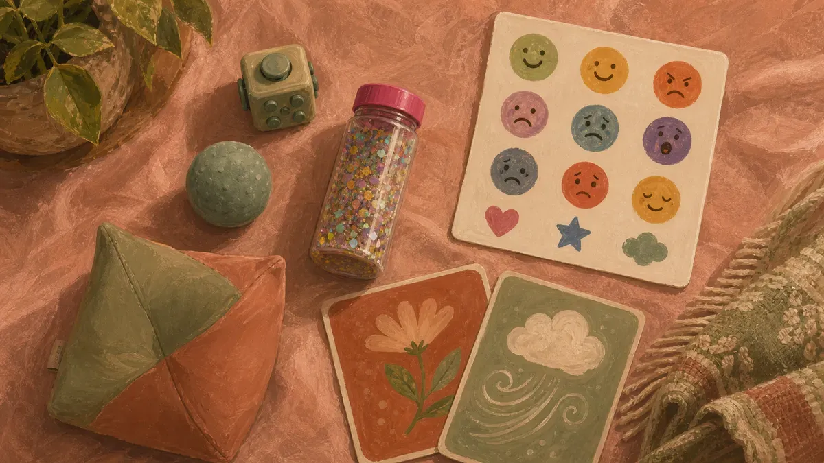 Flat lay of calming center tools: fidgets, glitter jar, feelings chart, bean bag, and breathing cards