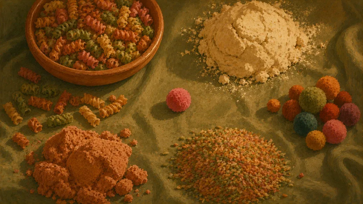 Flat-lay of colorful sensory bin fillers including dyed pasta, cloud dough, and kinetic sand