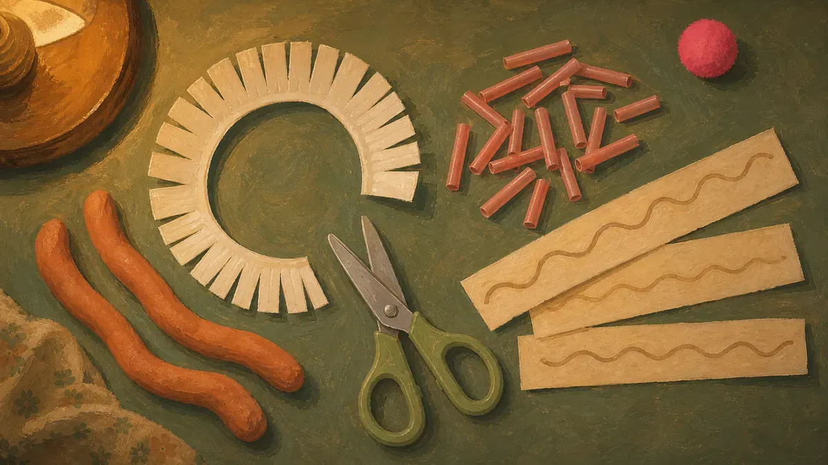 Flat-lay of cutting activity ideas: playdough ropes, paper plate hair, drinking straws, and themed strips