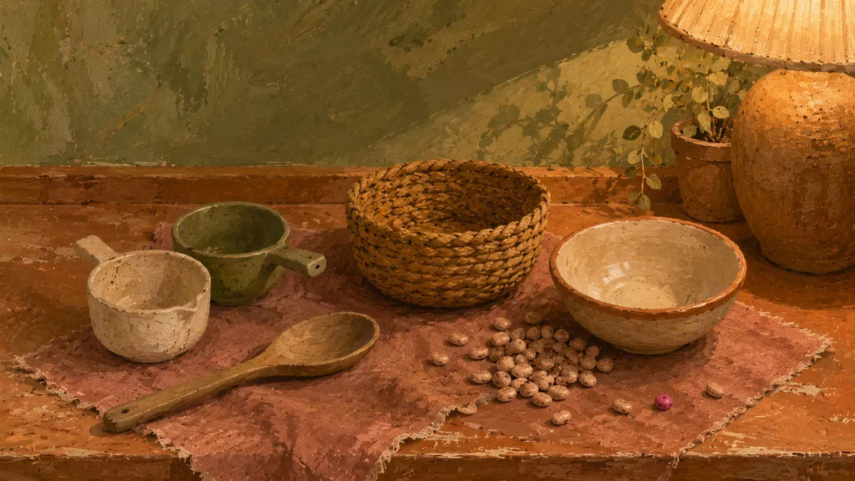Flat-lay of everyday household objects like a wooden spoon, measuring cups, and a basket used as Montessori materials