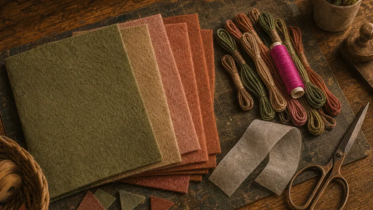 Flat lay of felt sheets, embroidery floss, fusible web, scissors and a cutting mat for a beginner felt book