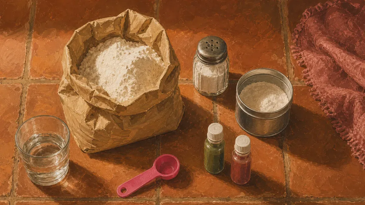 Flat-lay of flour, salt, cream of tartar and food coloring on a kitchen counter