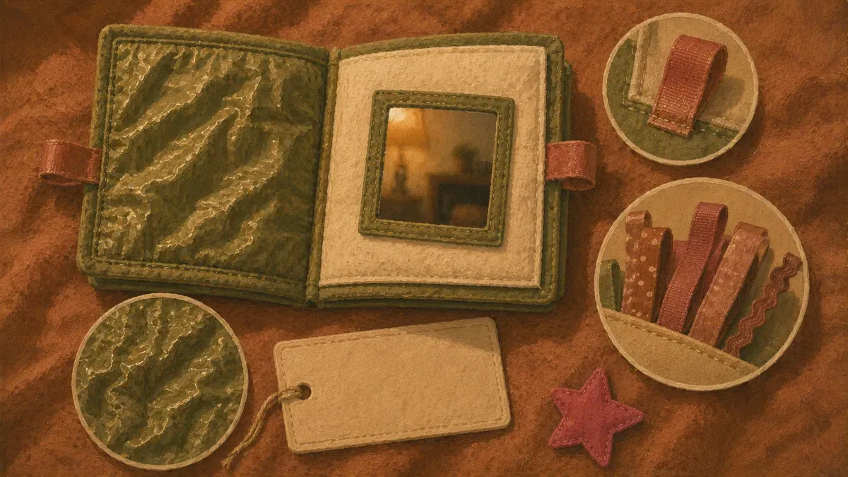 Flat lay of infant busy book features: crinkle page, soft mirror, fabric tags, no small parts