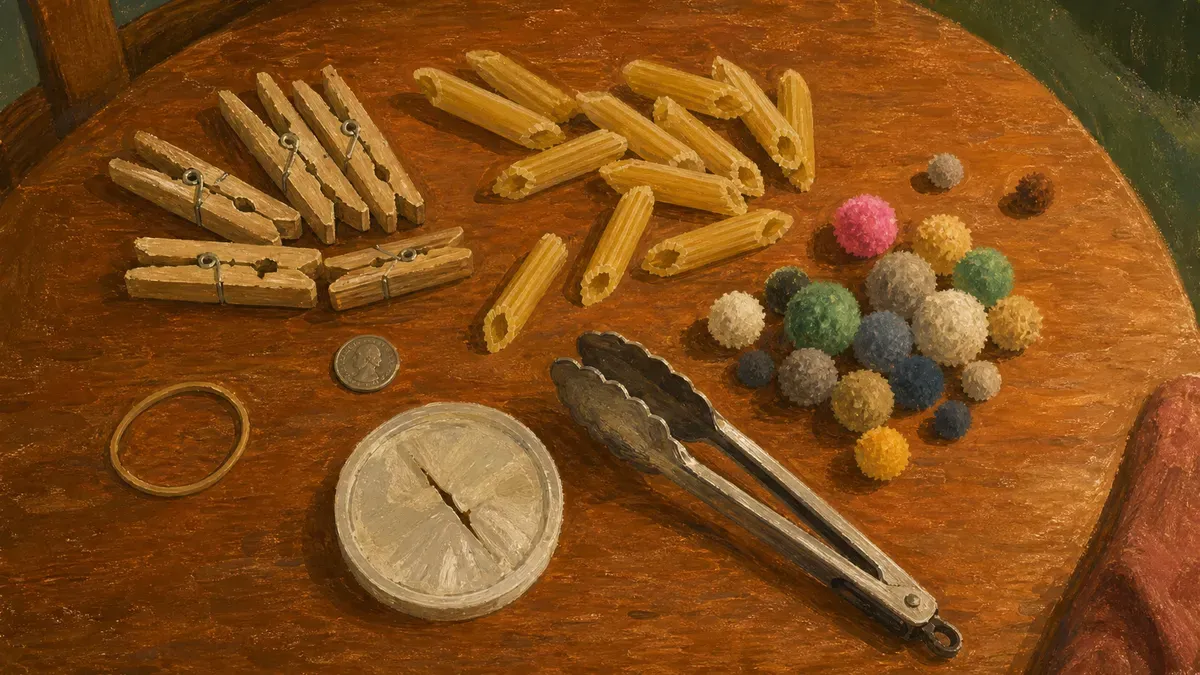 Flat lay of junk-drawer items - clothespins, dry pasta, pom-poms, tongs - arranged as fine motor activities