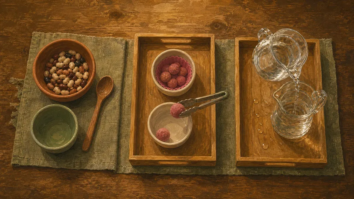 Flat-lay of kitchen-based Montessori activities: spooning beans, tonging pom-poms, pouring water