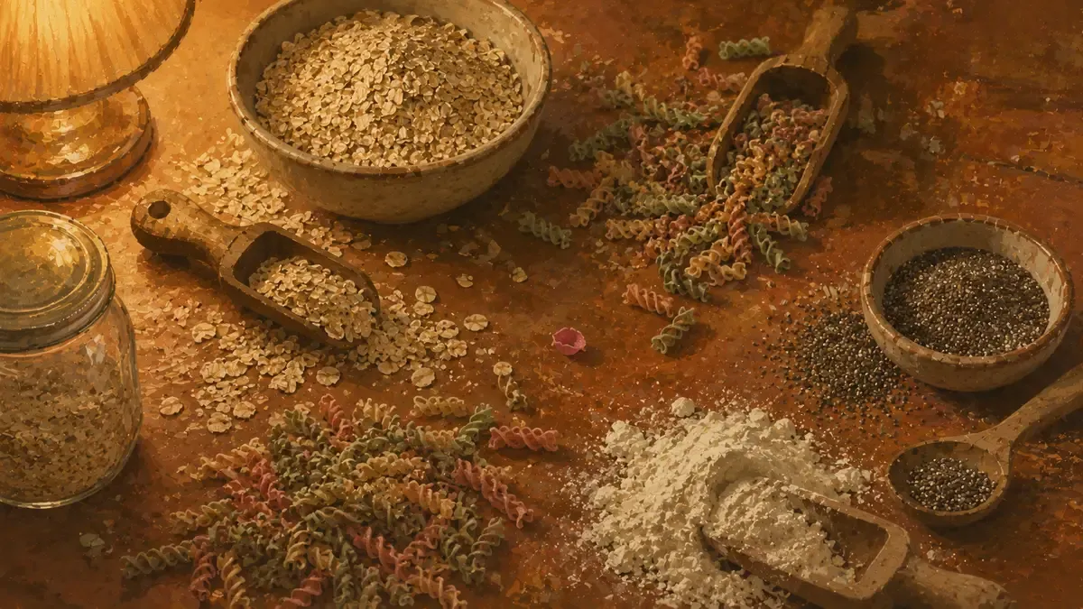 Flat lay of pantry staples like dry pasta, oats, chia seeds, and cornstarch used as taste safe fillers