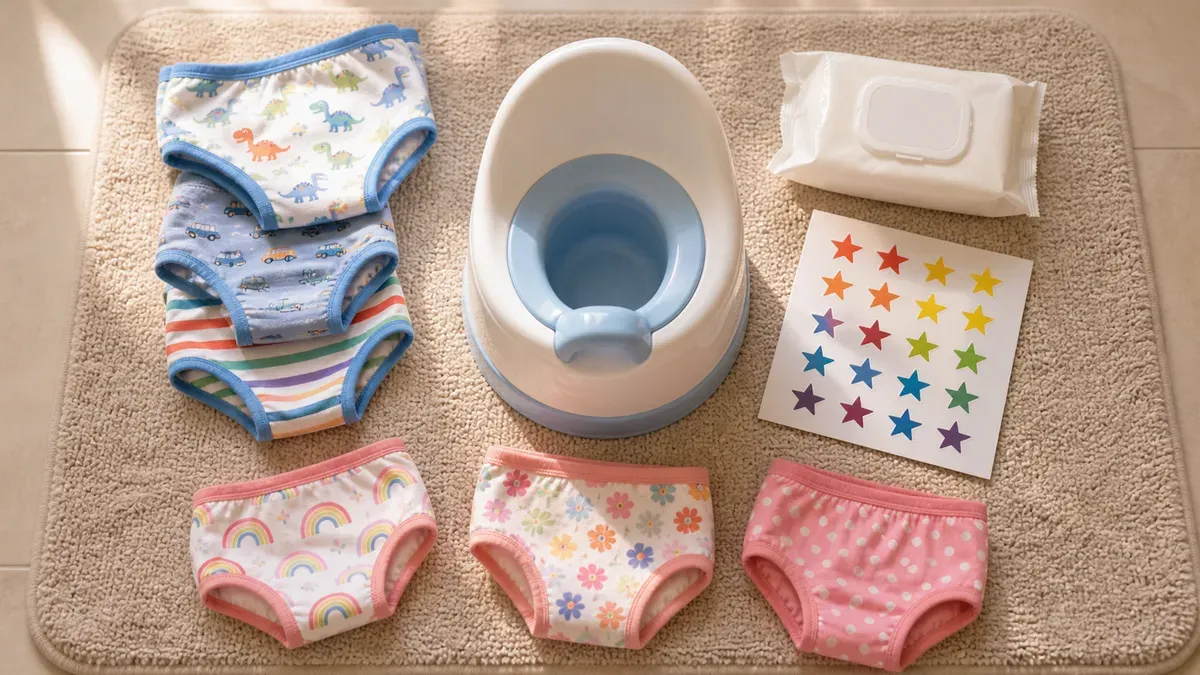 Flat-lay of potty training supplies: potty chair, underwear, wipes, sticker chart