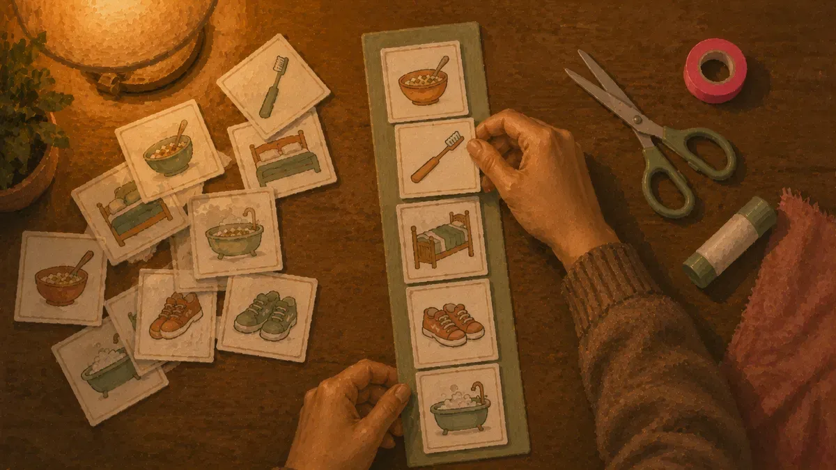 Flat lay of printed picture cards being arranged into a daily routine strip