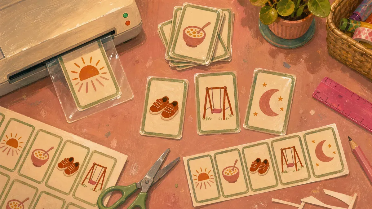 Flat-lay of printed routine cards being laminated and cut for a toddler schedule
