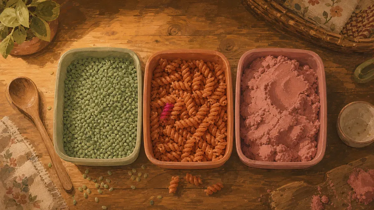Flat lay of sensory bin fillers including dyed rice, dried pasta and cloud dough in storage tubs