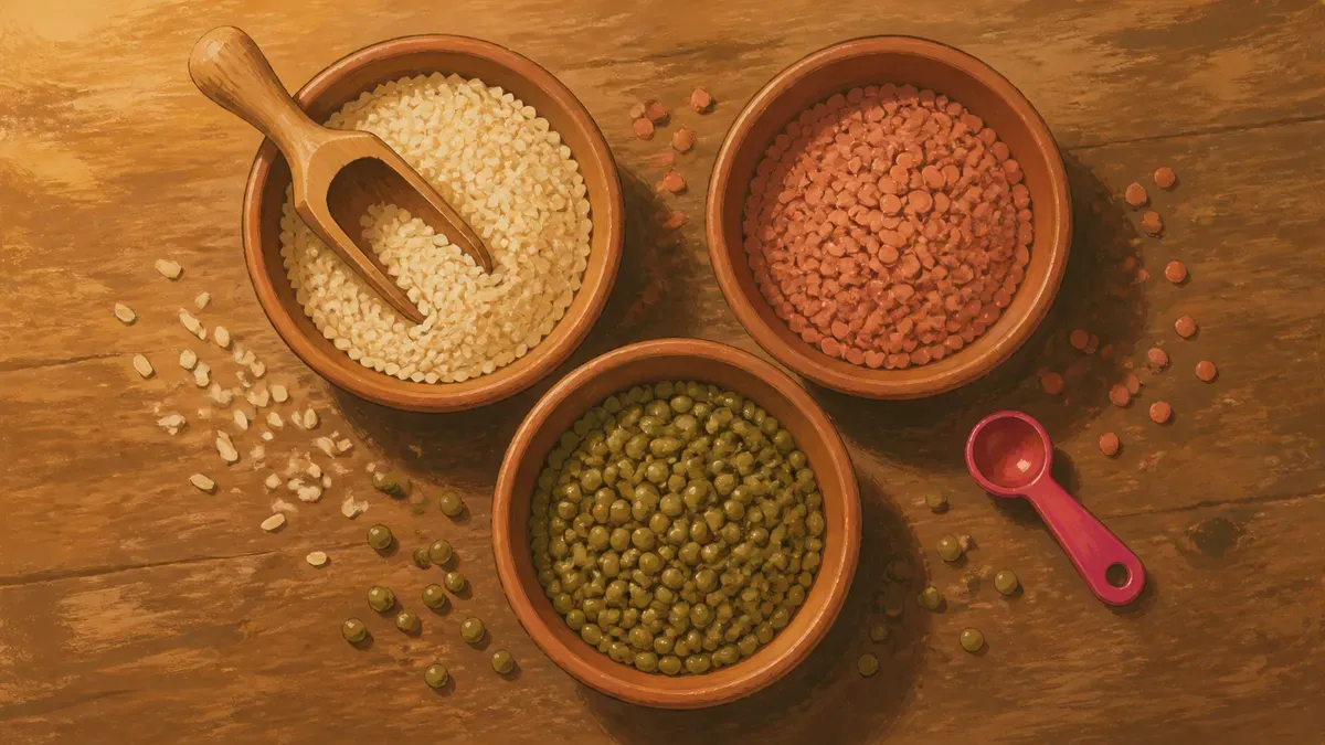 Flat lay of sensory bin fillers including rice, dried beans, and scoops