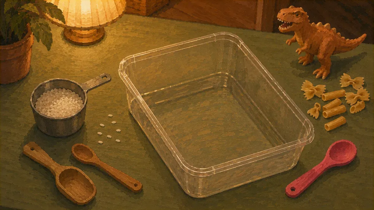 Flat lay of sensory bin supplies: plastic bin, rice, measuring cups, small toys on a white surface