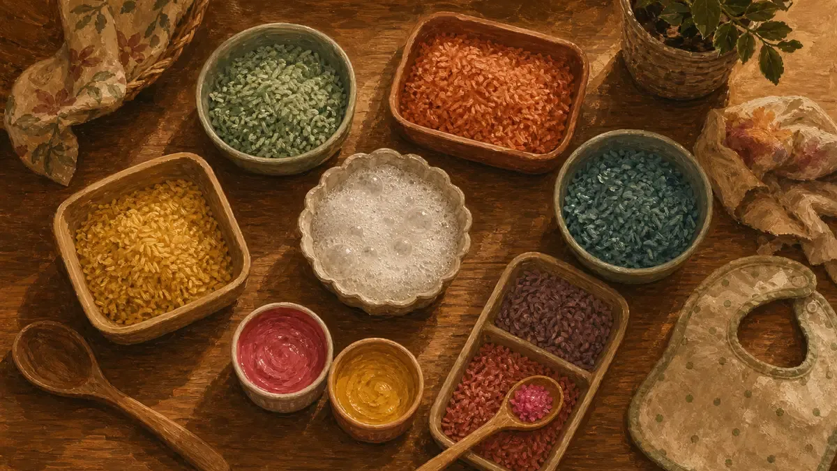 Flat lay of taste-safe sensory materials like rainbow rice, bubble foam, and finger paints