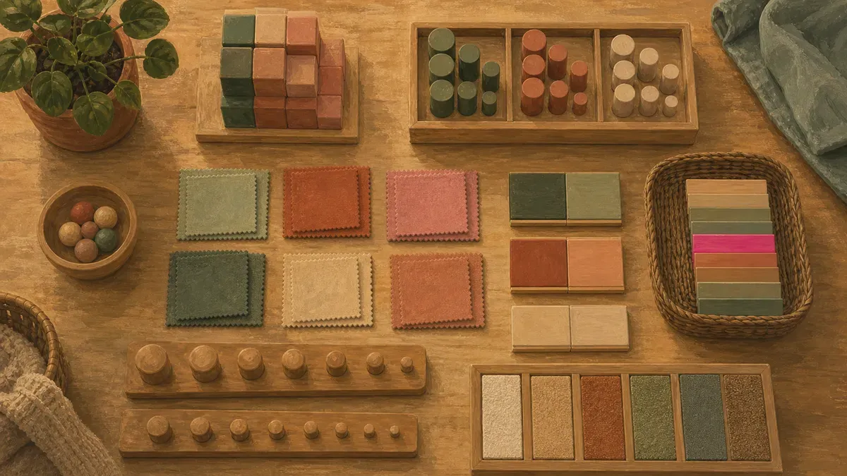 Flat-lay of ten Montessori sensorial materials including color tablets and touch boards