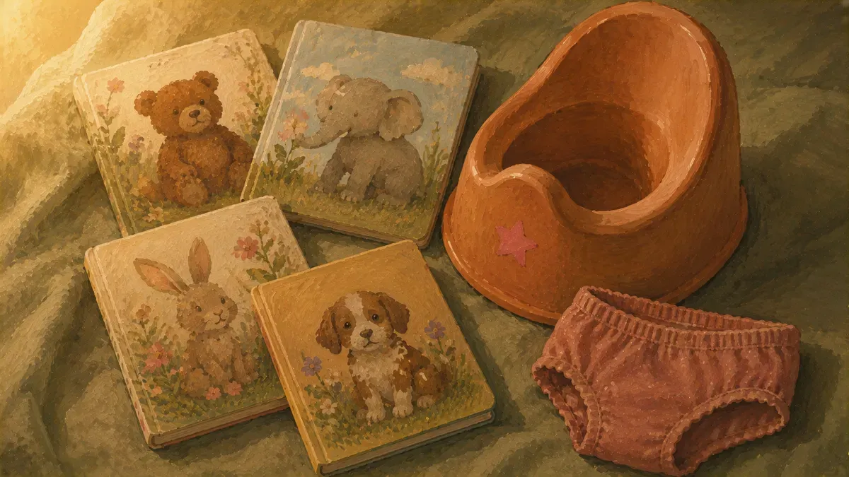 Flat-lay of the top potty training books for toddlers with a small potty