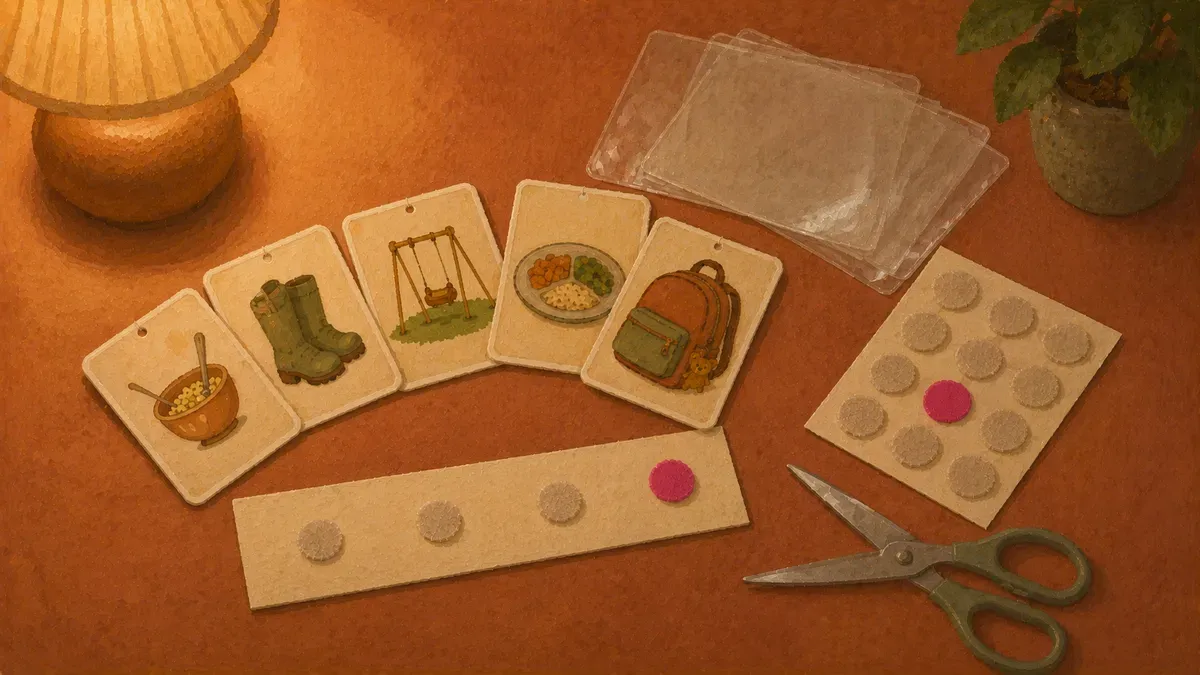 Flat-lay of visual schedule materials: printed picture cards, laminator pouches, velcro dots, and a cardstock strip