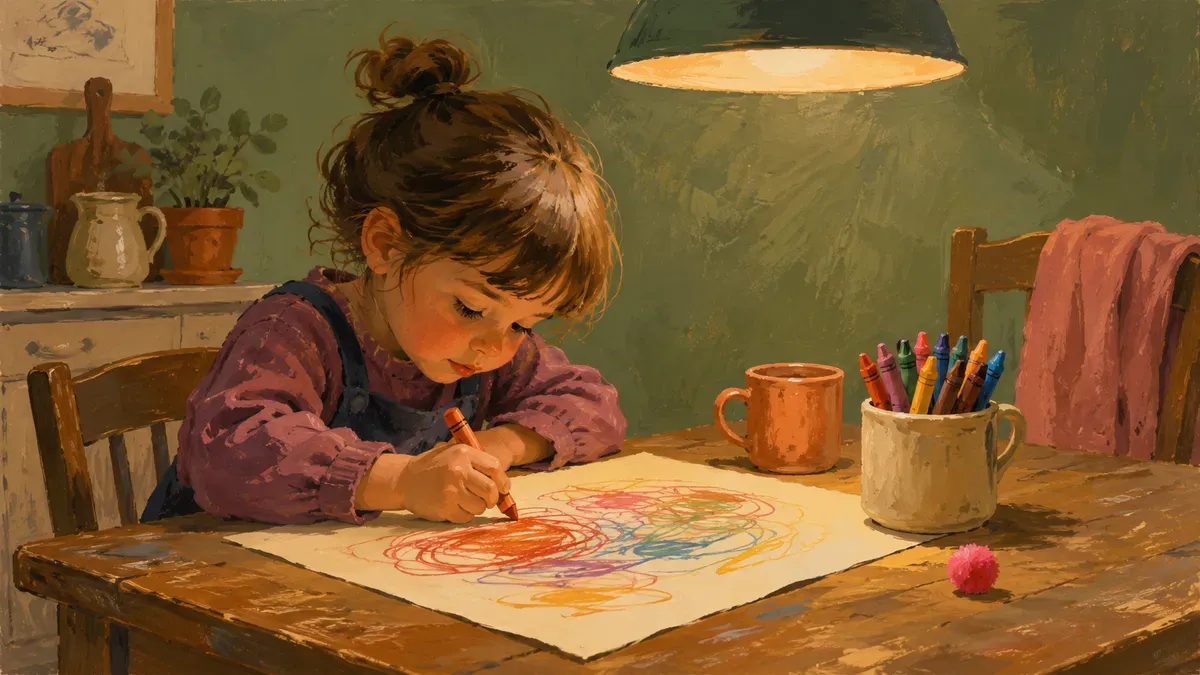 Four-year-old child gripping a chunky crayon at a kitchen table while drawing