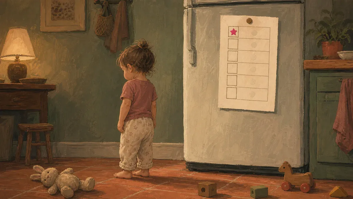 Frustrated toddler ignoring a weekly sticker chart on the fridge