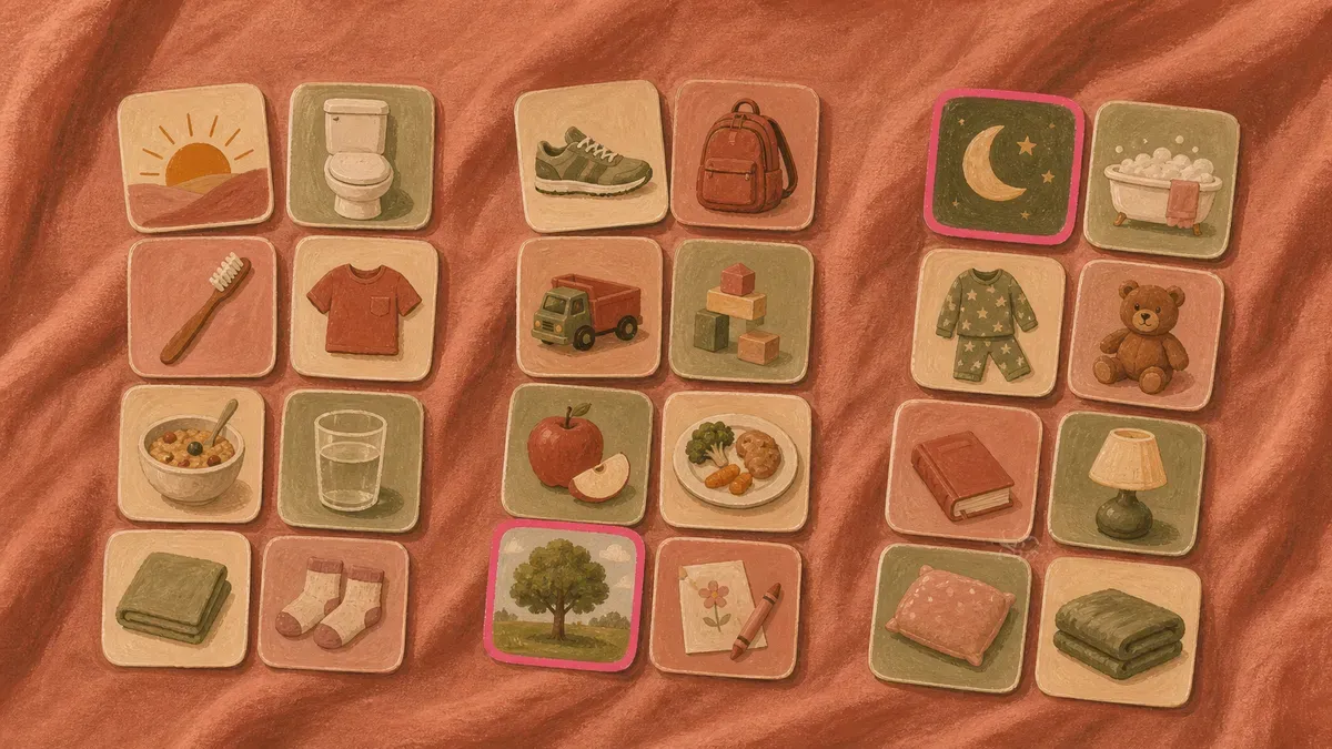 Grid of 20 toddler visual schedule picture cards labeled with wake up, breakfast, brush teeth and more