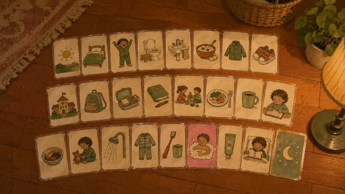 Grid of 25 illustrated routine cards covering morning, mealtime, and bedtime moments