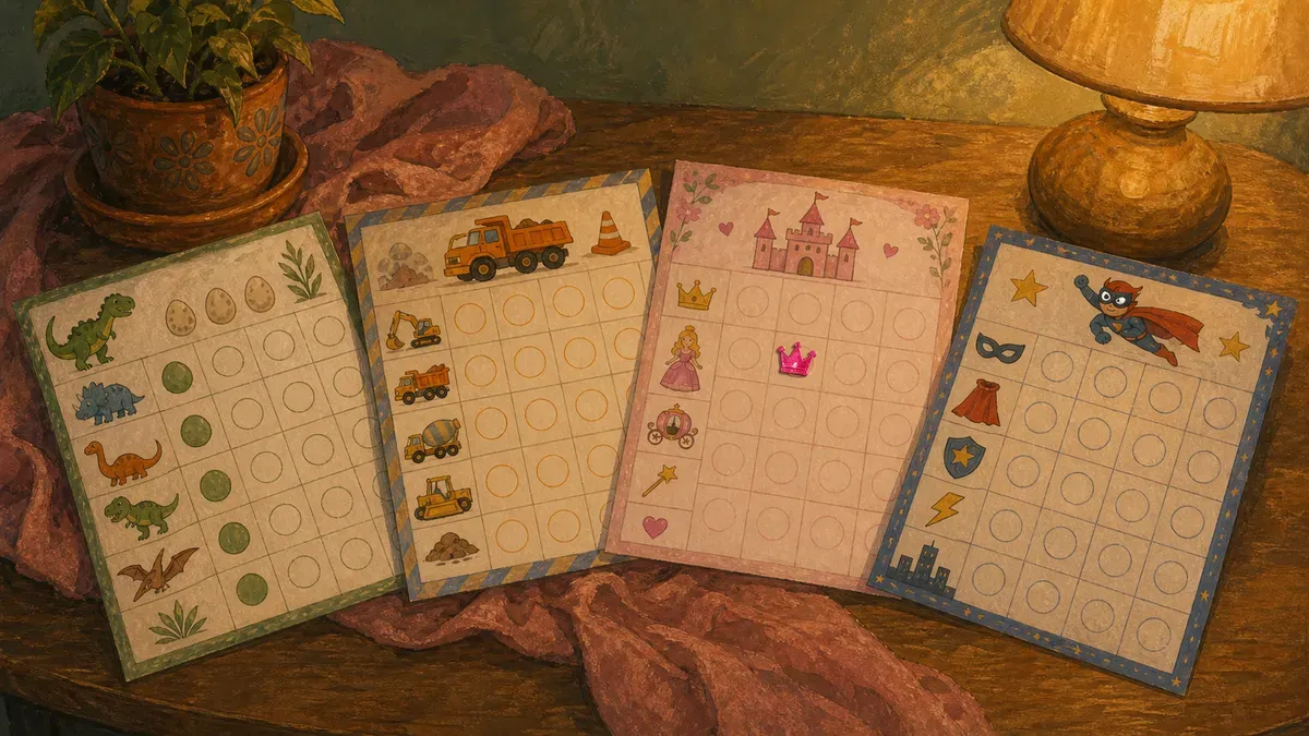 Grid of character potty training charts: dinosaur, truck, princess, and superhero themes